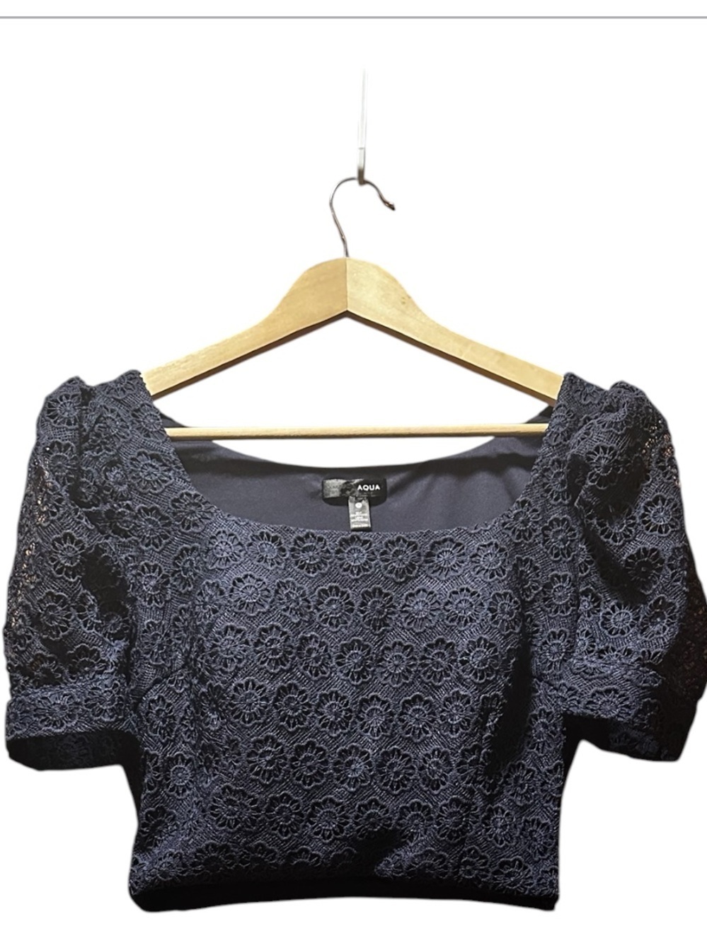 Aqua Navy Floral Lace Puff-Sleeve Crop Top